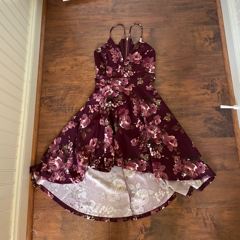 High-Low Maroon Floral Windsor dress